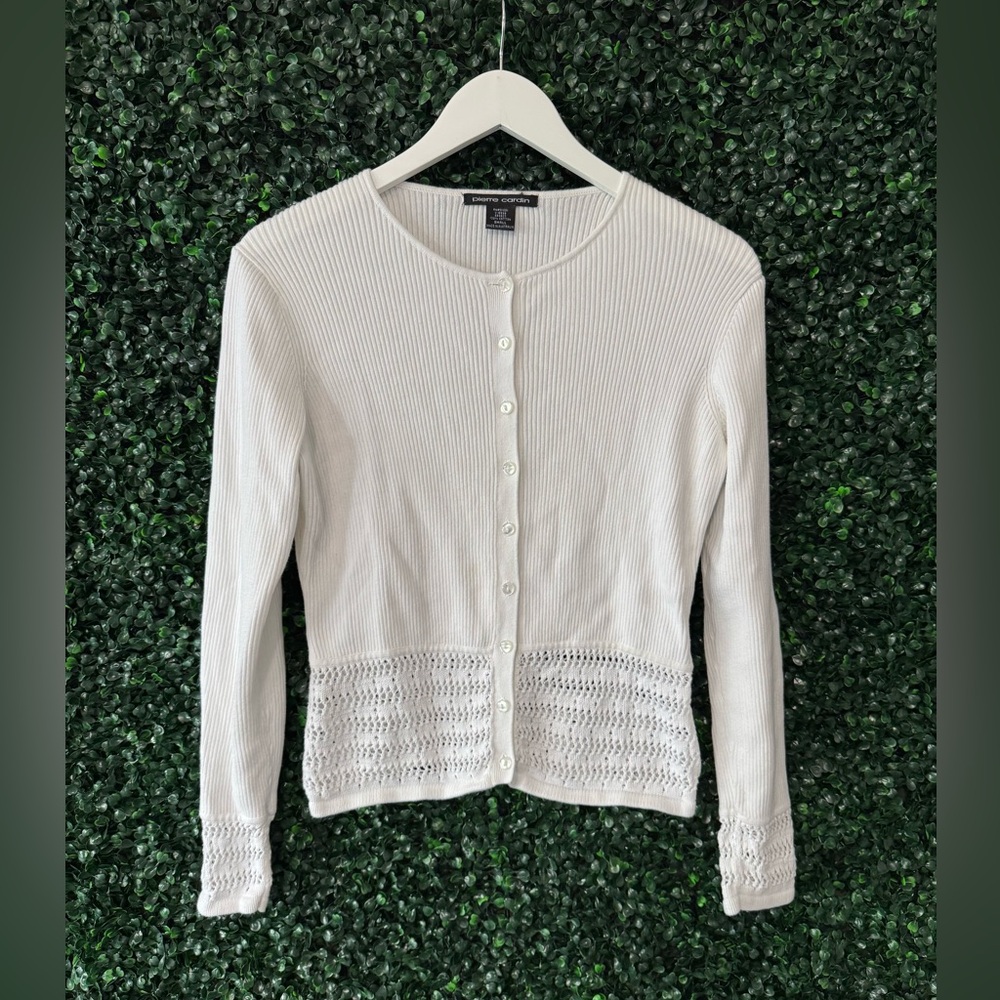 Vintage Pierre Cardin Designer Brand 100% Cotton White Ribbed Crochet Cardigan